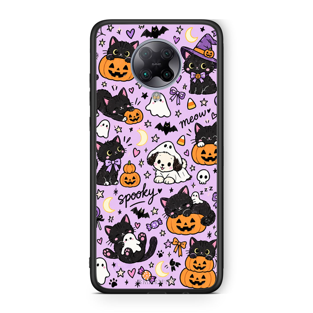 Θήκη Xiaomi Poco F2 Pro Halloween Black Cats on Lilac από τη Smartfits με σχέδιο στο πίσω μέρος και μαύρο περίβλημα | Xiaomi Poco F2 Pro Halloween Black Cats on Lilac case with colorful back and black bezels