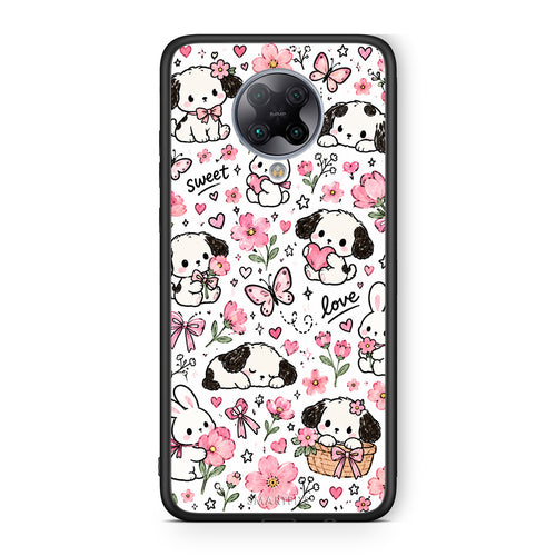 Θήκη Xiaomi Poco F2 Pro Pink Florals Puppies and Bunnies on White από τη Smartfits με σχέδιο στο πίσω μέρος και μαύρο περίβλημα | Xiaomi Poco F2 Pro Pink Florals Puppies and Bunnies on White case with colorful back and black bezels