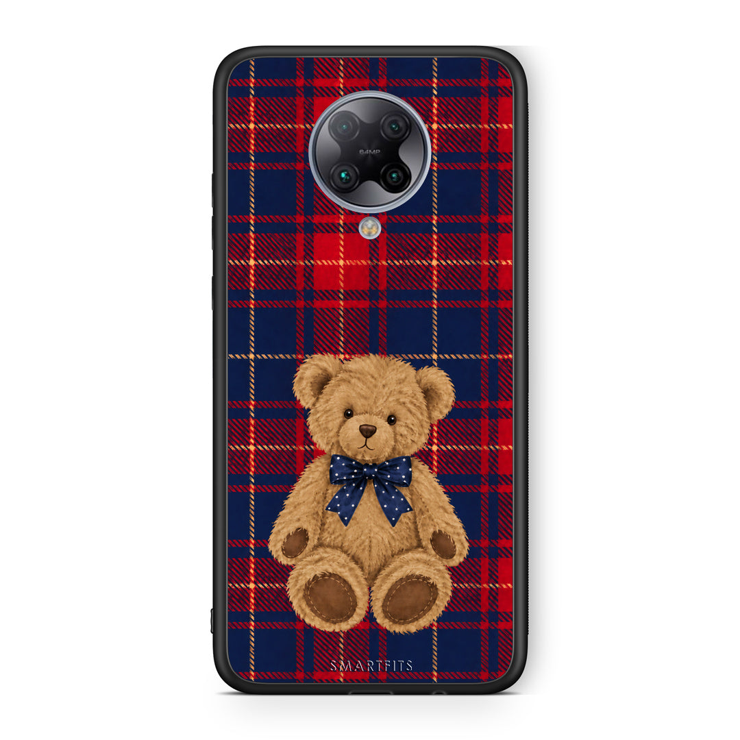 Θήκη Xiaomi Poco F2 Pro Teddy Bear on Red and Navy Tartan από τη Smartfits με σχέδιο στο πίσω μέρος και μαύρο περίβλημα | Xiaomi Poco F2 Pro Teddy Bear on Red and Navy Tartan case with colorful back and black bezels