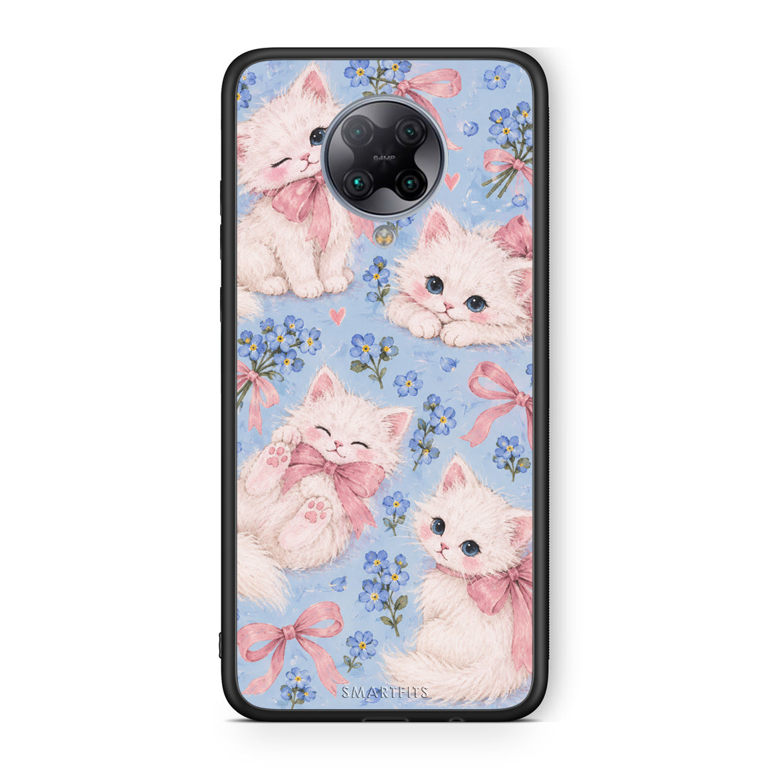 Θήκη Xiaomi Poco F2 Pro White Kittens and Blue Flowers Large από τη Smartfits με σχέδιο στο πίσω μέρος και μαύρο περίβλημα | Xiaomi Poco F2 Pro White Kittens and Blue Flowers Large case with colorful back and black bezels