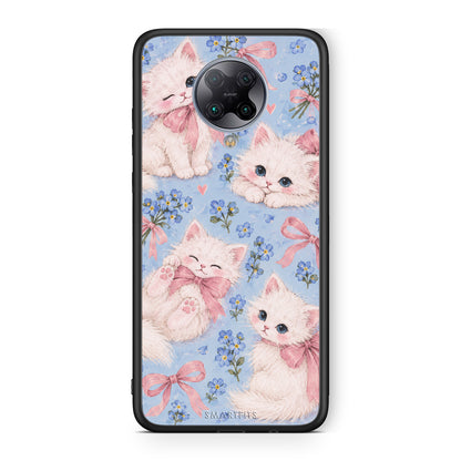 Θήκη Xiaomi Poco F2 Pro White Kittens and Blue Flowers Large από τη Smartfits με σχέδιο στο πίσω μέρος και μαύρο περίβλημα | Xiaomi Poco F2 Pro White Kittens and Blue Flowers Large case with colorful back and black bezels