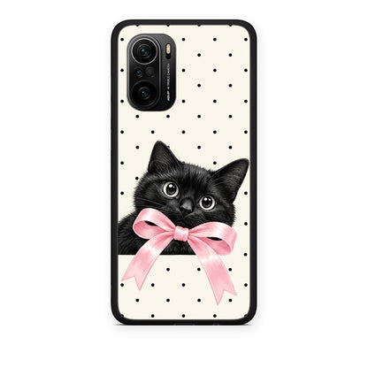 Θήκη Xiaomi Poco F3 Black Kitten Pink Bow and Polka Dots από τη Smartfits με σχέδιο στο πίσω μέρος και μαύρο περίβλημα | Xiaomi Poco F3 Black Kitten Pink Bow and Polka Dots case with colorful back and black bezels