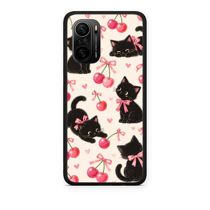 Θήκη Xiaomi Poco F3 Black Kittens and Cherries on Cream από τη Smartfits με σχέδιο στο πίσω μέρος και μαύρο περίβλημα | Xiaomi Poco F3 Black Kittens and Cherries on Cream case with colorful back and black bezels