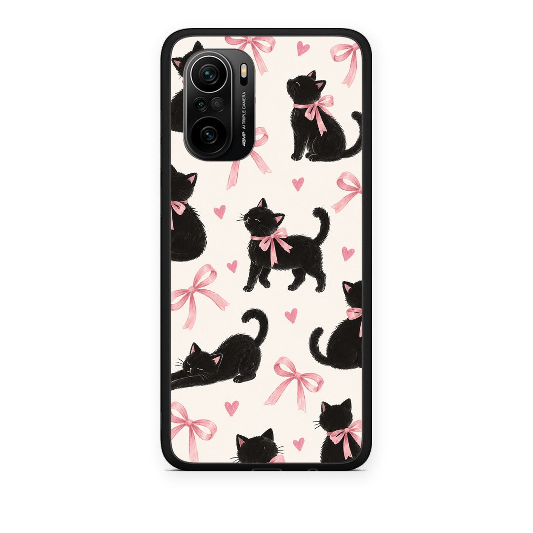 Θήκη Xiaomi Poco F3 Black Kittens and Pink Bows on Cream Large από τη Smartfits με σχέδιο στο πίσω μέρος και μαύρο περίβλημα | Xiaomi Poco F3 Black Kittens and Pink Bows on Cream Large case with colorful back and black bezels