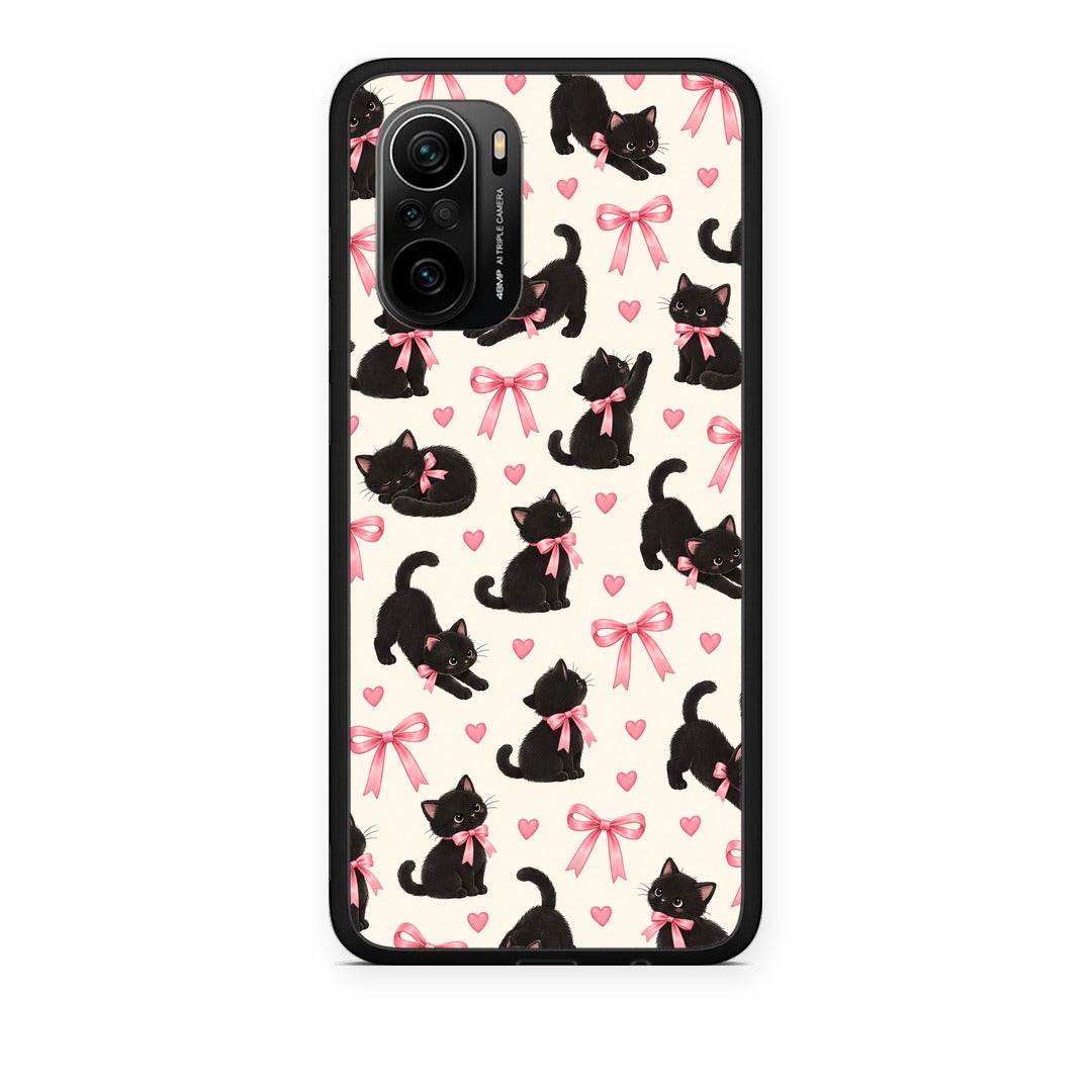 Θήκη Xiaomi Poco F3 Black Kittens and Pink Bows on Cream Small από τη Smartfits με σχέδιο στο πίσω μέρος και μαύρο περίβλημα | Xiaomi Poco F3 Black Kittens and Pink Bows on Cream Small case with colorful back and black bezels