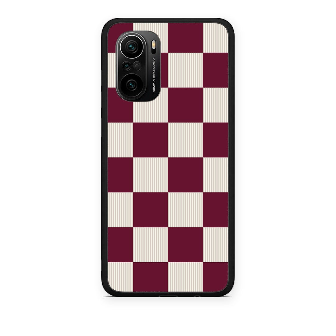 Θήκη Xiaomi Poco F3 Burgundy and Cream Striped Checks από τη Smartfits με σχέδιο στο πίσω μέρος και μαύρο περίβλημα | Xiaomi Poco F3 Burgundy and Cream Striped Checks case with colorful back and black bezels
