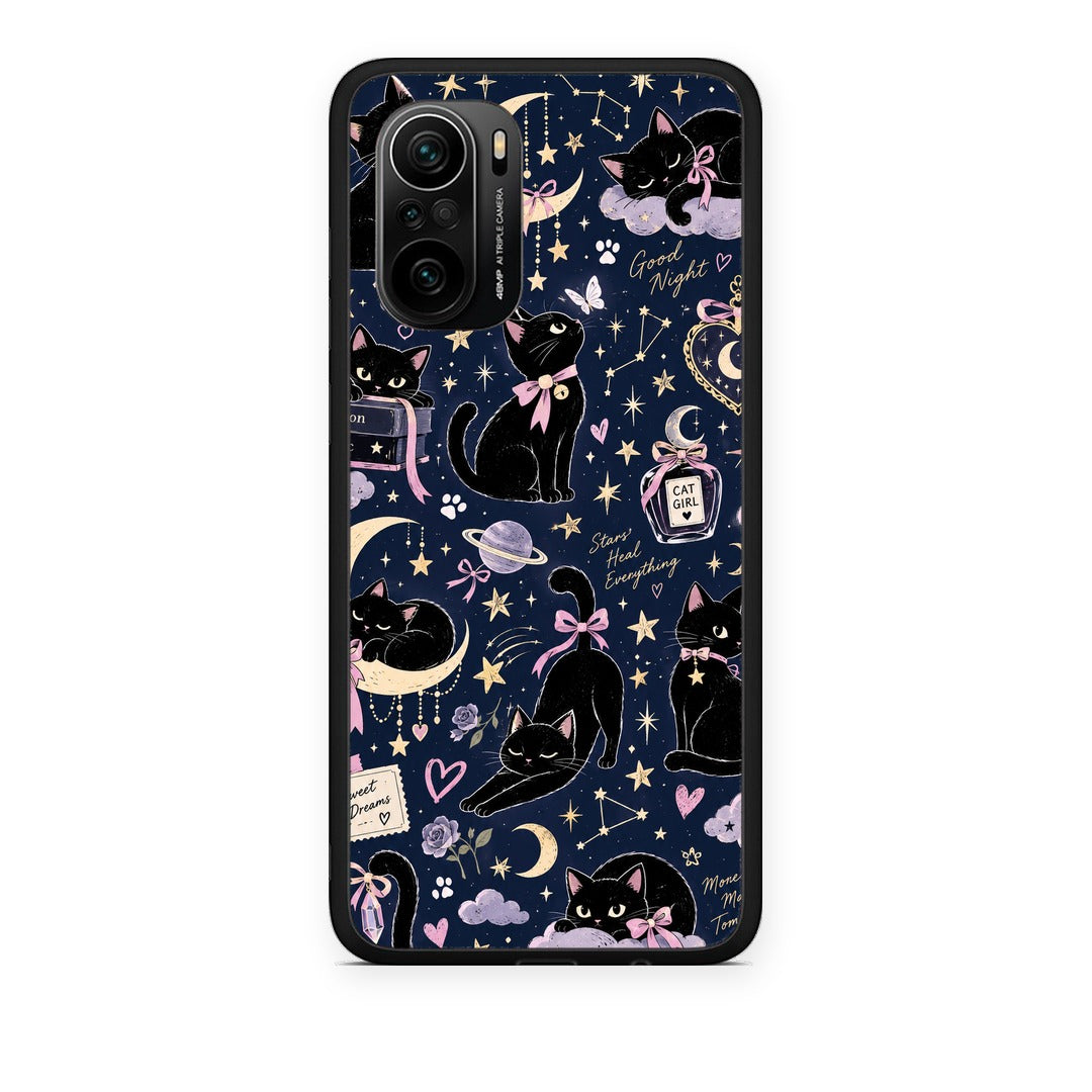 Θήκη Xiaomi Poco F3 Celestial Black Cats on Navy από τη Smartfits με σχέδιο στο πίσω μέρος και μαύρο περίβλημα | Xiaomi Poco F3 Celestial Black Cats on Navy case with colorful back and black bezels