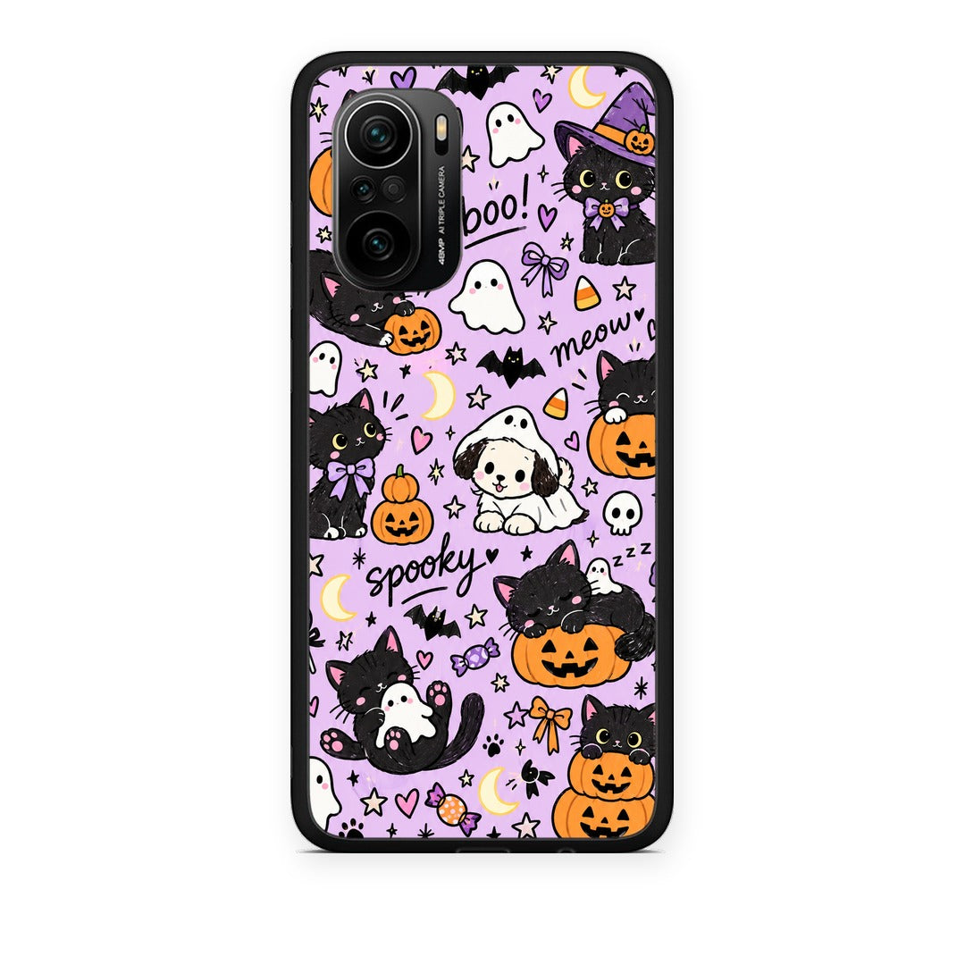 Θήκη Xiaomi Poco F3 Halloween Black Cats on Lilac από τη Smartfits με σχέδιο στο πίσω μέρος και μαύρο περίβλημα | Xiaomi Poco F3 Halloween Black Cats on Lilac case with colorful back and black bezels