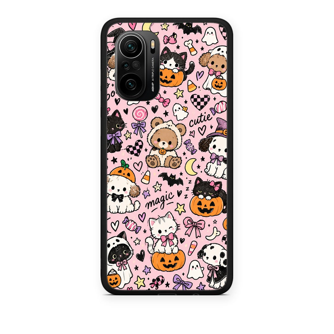 Θήκη Xiaomi Poco F3 Halloween Cute Animals on Pink από τη Smartfits με σχέδιο στο πίσω μέρος και μαύρο περίβλημα | Xiaomi Poco F3 Halloween Cute Animals on Pink case with colorful back and black bezels