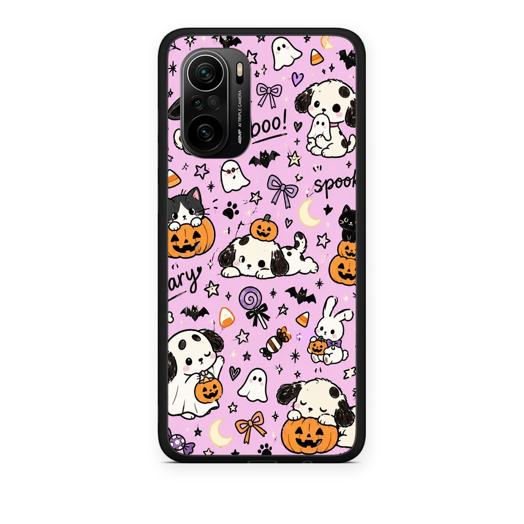 Θήκη Xiaomi Poco F3 Halloween Puppies and Friends on Lilac από τη Smartfits με σχέδιο στο πίσω μέρος και μαύρο περίβλημα | Xiaomi Poco F3 Halloween Puppies and Friends on Lilac case with colorful back and black bezels