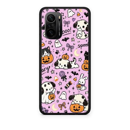 Θήκη Xiaomi Poco F3 Halloween Puppies and Friends on Lilac από τη Smartfits με σχέδιο στο πίσω μέρος και μαύρο περίβλημα | Xiaomi Poco F3 Halloween Puppies and Friends on Lilac case with colorful back and black bezels