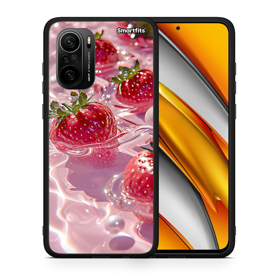 Θήκη Xiaomi Poco F3 Juicy Strawberries από τη Smartfits με σχέδιο στο πίσω μέρος και μαύρο περίβλημα | Xiaomi Poco F3 Juicy Strawberries case with colorful back and black bezels