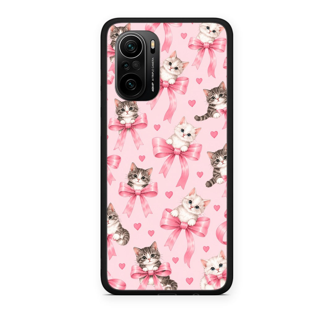 Θήκη Xiaomi Poco F3 Kittens and Pink Bows on Pink από τη Smartfits με σχέδιο στο πίσω μέρος και μαύρο περίβλημα | Xiaomi Poco F3 Kittens and Pink Bows on Pink case with colorful back and black bezels