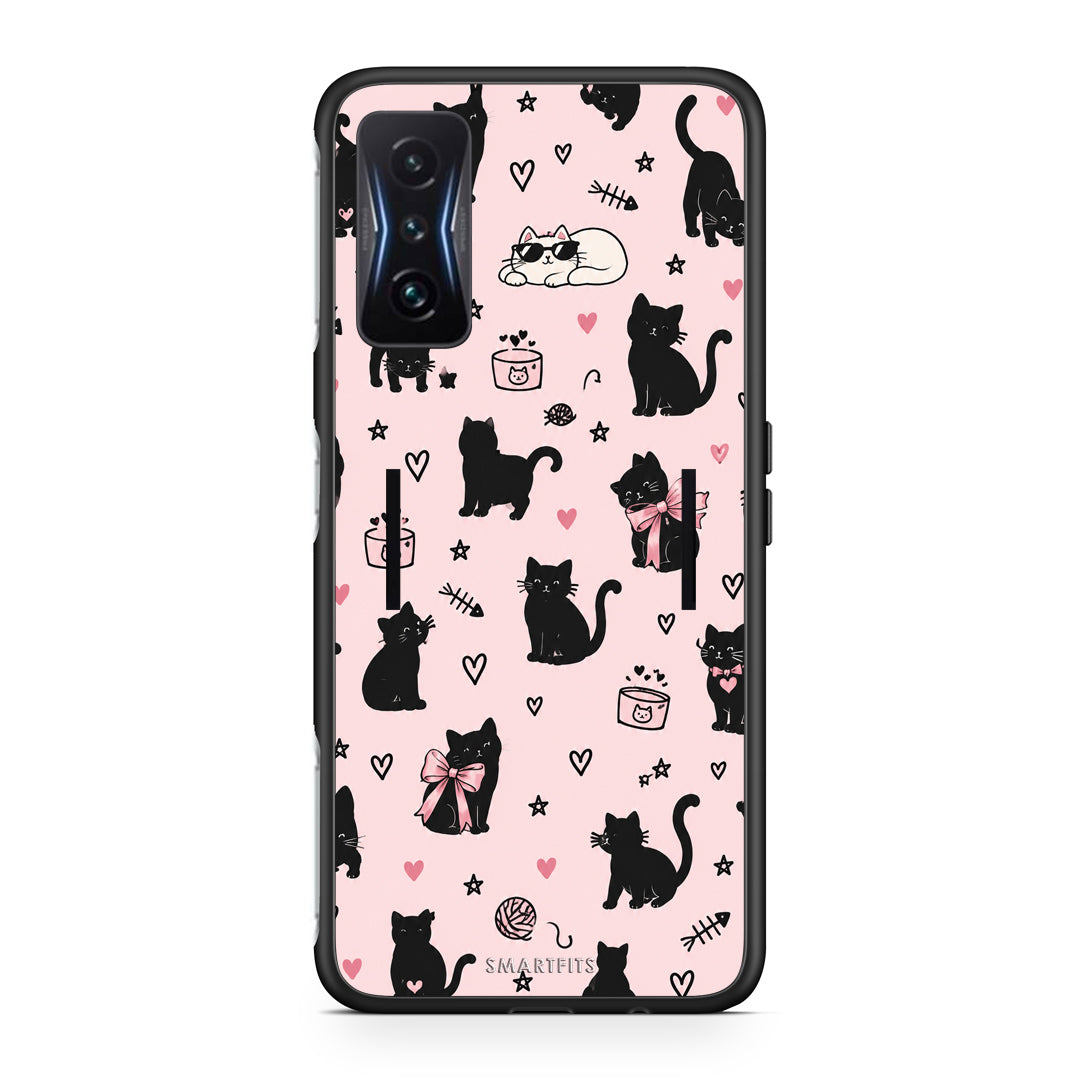 Θήκη Xiaomi Poco F4 GT Black Cat Doodles on Pink από τη Smartfits με σχέδιο στο πίσω μέρος και μαύρο περίβλημα | Xiaomi Poco F4 GT Black Cat Doodles on Pink case with colorful back and black bezels