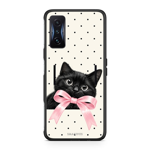Θήκη Xiaomi Poco F4 GT Black Kitten Pink Bow and Polka Dots από τη Smartfits με σχέδιο στο πίσω μέρος και μαύρο περίβλημα | Xiaomi Poco F4 GT Black Kitten Pink Bow and Polka Dots case with colorful back and black bezels