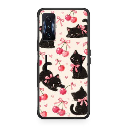 Θήκη Xiaomi Poco F4 GT Black Kittens and Cherries on Cream από τη Smartfits με σχέδιο στο πίσω μέρος και μαύρο περίβλημα | Xiaomi Poco F4 GT Black Kittens and Cherries on Cream case with colorful back and black bezels