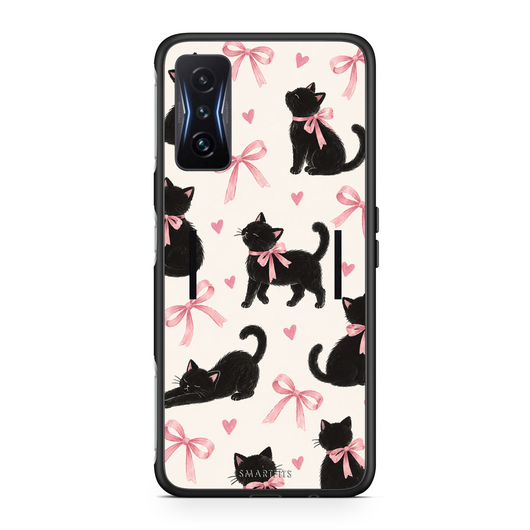 Θήκη Xiaomi Poco F4 GT Black Kittens and Pink Bows on Cream Large από τη Smartfits με σχέδιο στο πίσω μέρος και μαύρο περίβλημα | Xiaomi Poco F4 GT Black Kittens and Pink Bows on Cream Large case with colorful back and black bezels