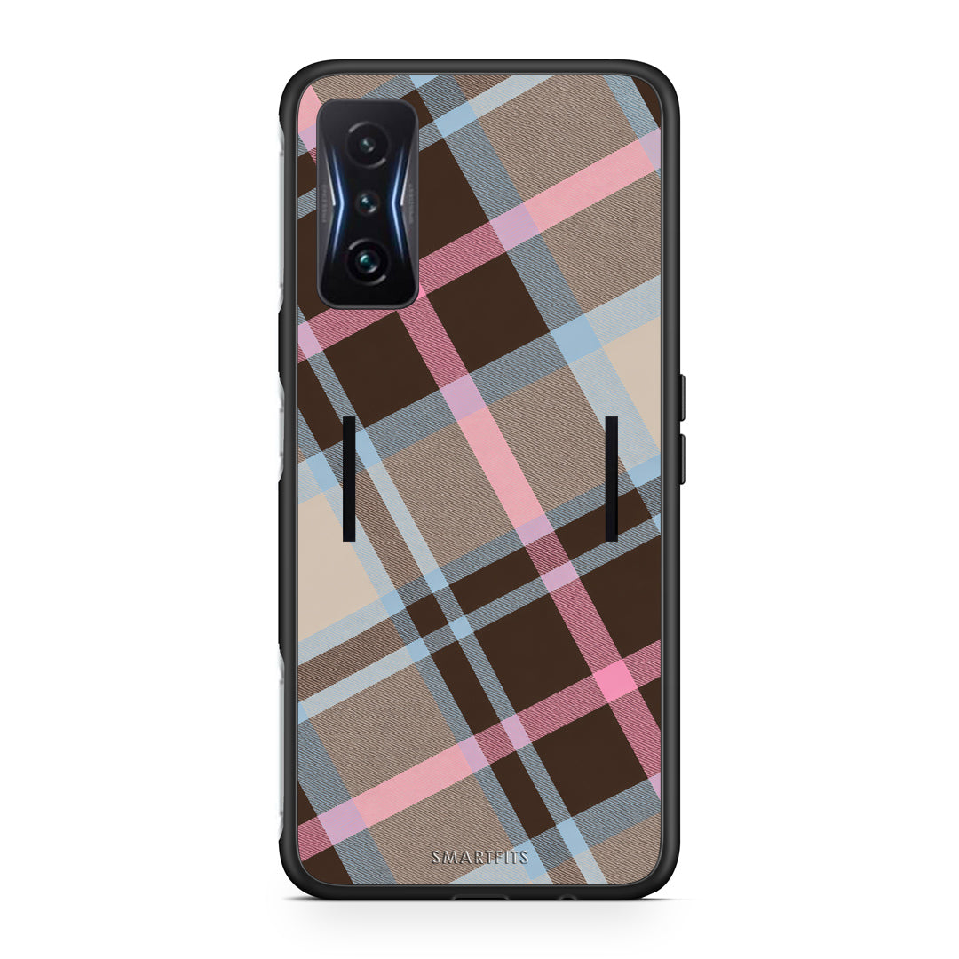 Θήκη Xiaomi Poco F4 GT Brown Pink and Blue Diagonal Plaid από τη Smartfits με σχέδιο στο πίσω μέρος και μαύρο περίβλημα | Xiaomi Poco F4 GT Brown Pink and Blue Diagonal Plaid case with colorful back and black bezels