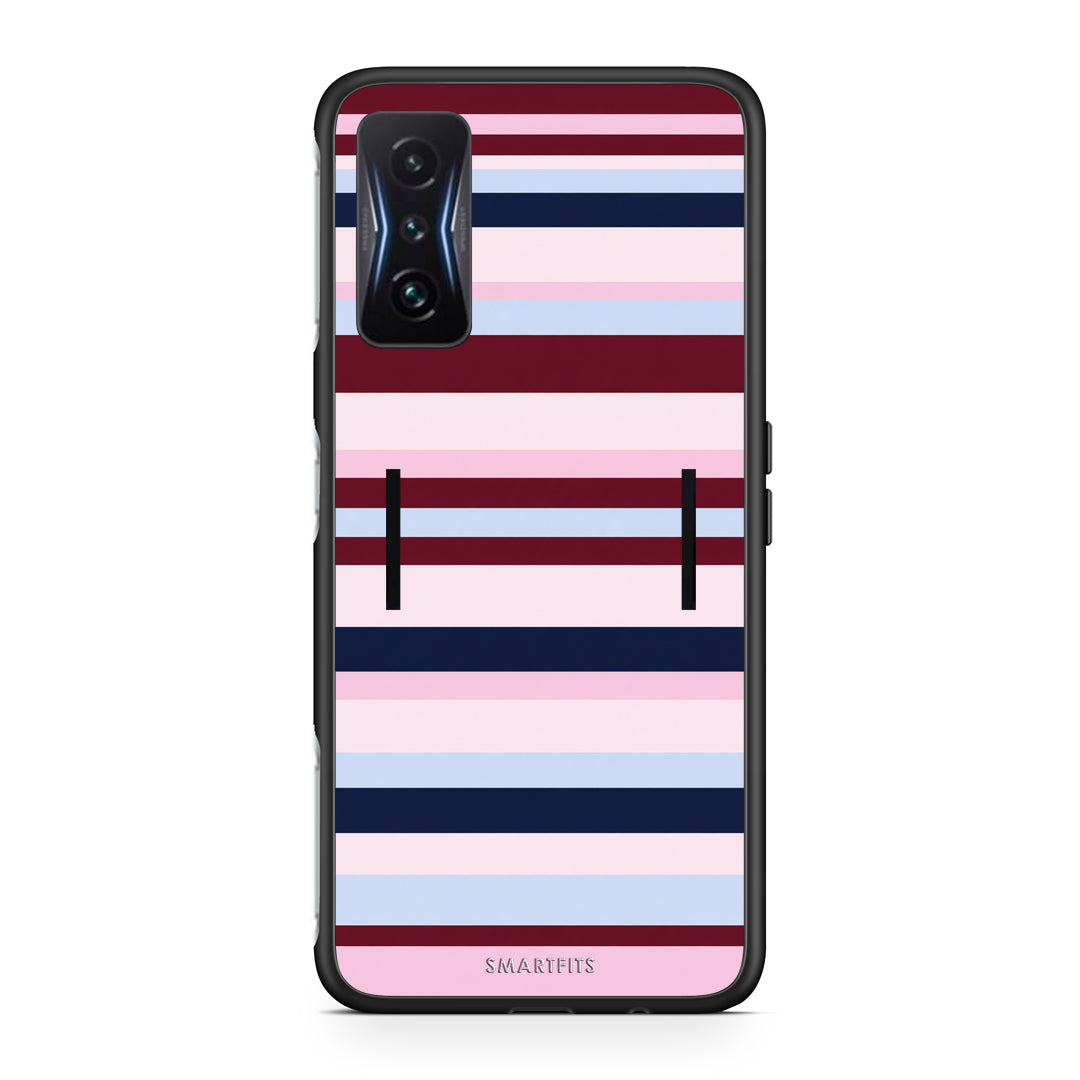 Θήκη Xiaomi Poco F4 GT Burgundy Pink and Blue Horizontal Stripes από τη Smartfits με σχέδιο στο πίσω μέρος και μαύρο περίβλημα | Xiaomi Poco F4 GT Burgundy Pink and Blue Horizontal Stripes case with colorful back and black bezels