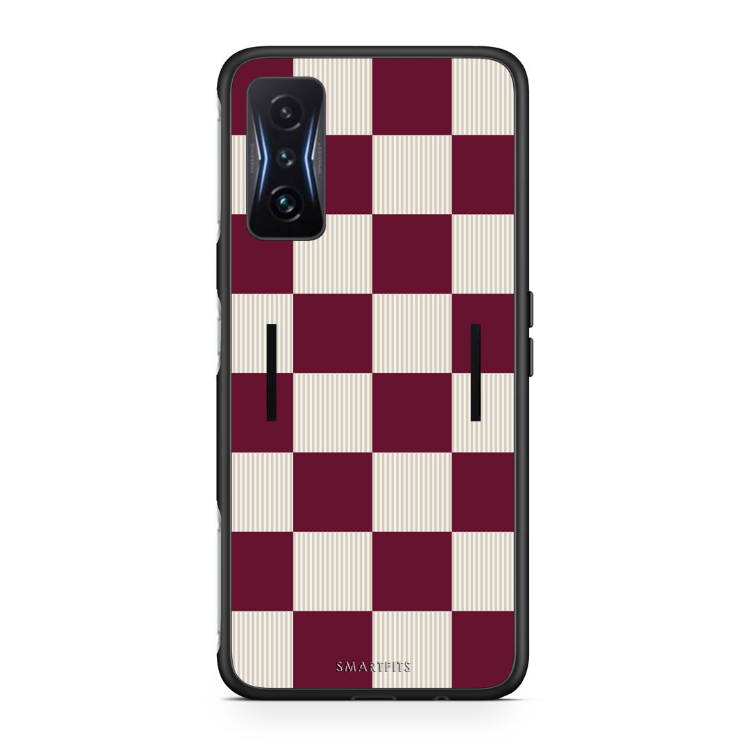 Θήκη Xiaomi Poco F4 GT Burgundy and Cream Striped Checks από τη Smartfits με σχέδιο στο πίσω μέρος και μαύρο περίβλημα | Xiaomi Poco F4 GT Burgundy and Cream Striped Checks case with colorful back and black bezels