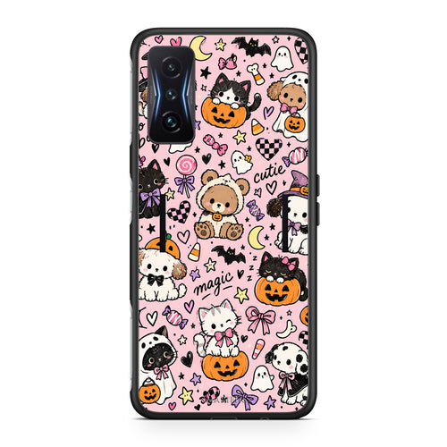 Θήκη Xiaomi Poco F4 GT Halloween Cute Animals on Pink από τη Smartfits με σχέδιο στο πίσω μέρος και μαύρο περίβλημα | Xiaomi Poco F4 GT Halloween Cute Animals on Pink case with colorful back and black bezels