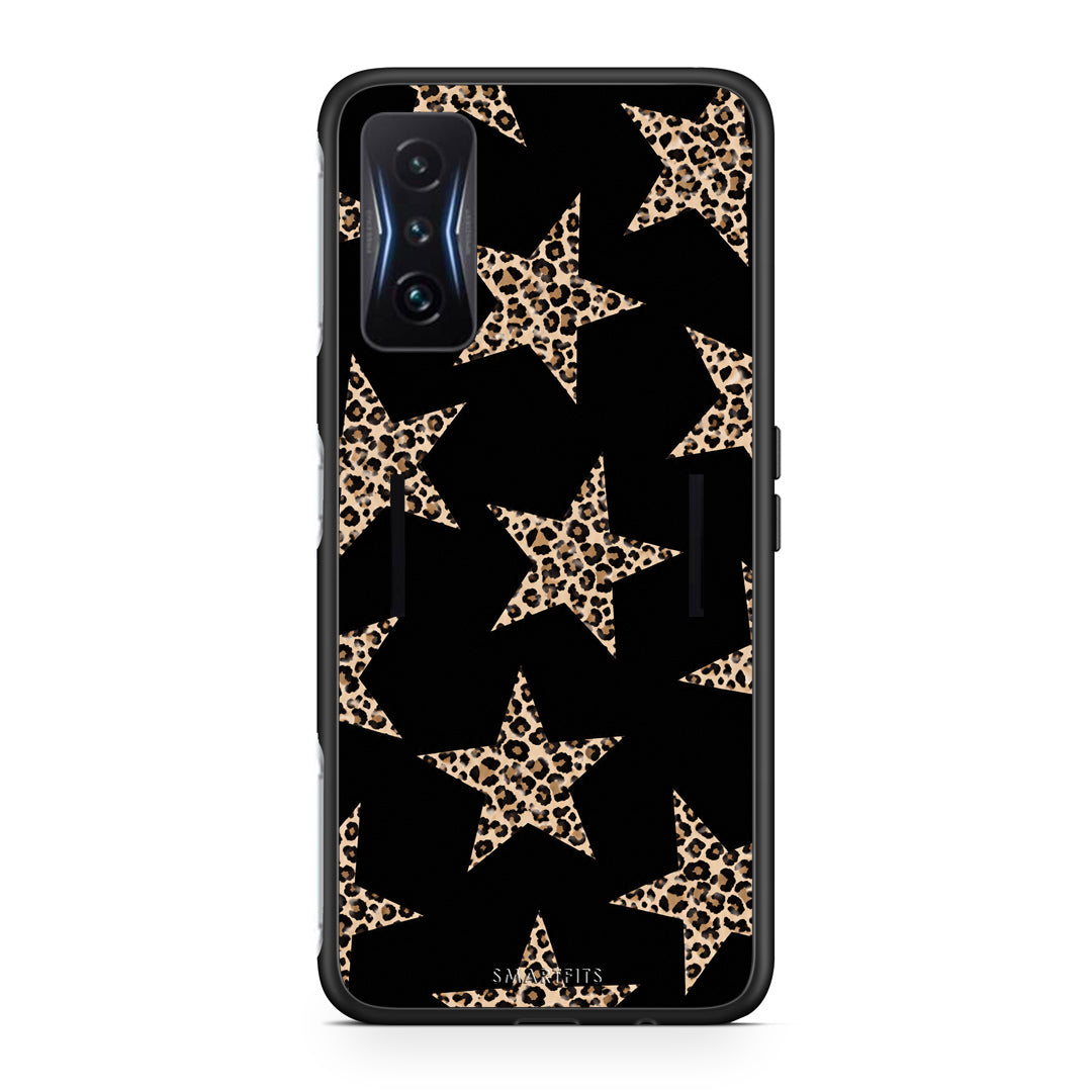 Θήκη Xiaomi Poco F4 GT Leopard Stars on Black από τη Smartfits με σχέδιο στο πίσω μέρος και μαύρο περίβλημα | Xiaomi Poco F4 GT Leopard Stars on Black case with colorful back and black bezels