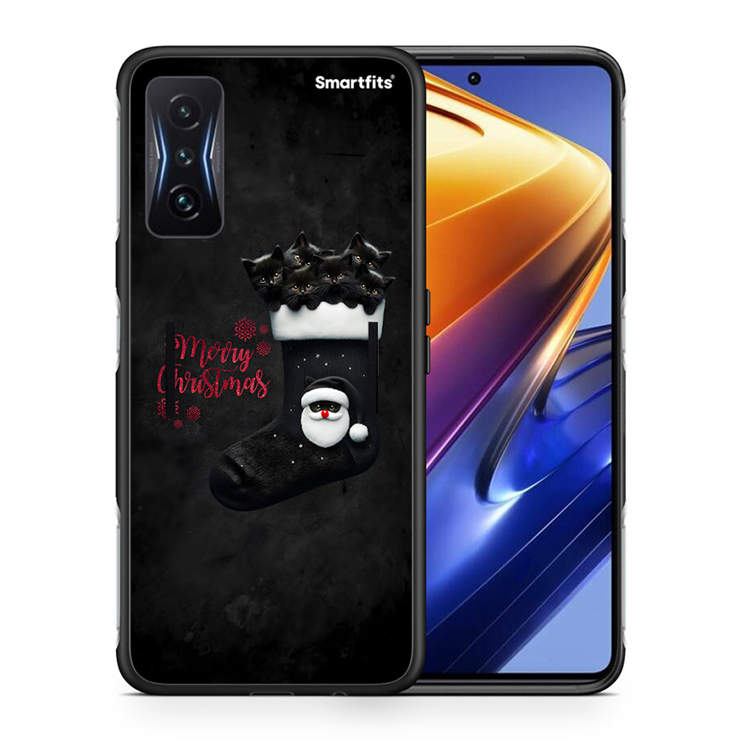 Θήκη Xiaomi Poco F4 GT Merry Cat Christmas από τη Smartfits με σχέδιο στο πίσω μέρος και μαύρο περίβλημα | Xiaomi Poco F4 GT Merry Cat Christmas case with colorful back and black bezels