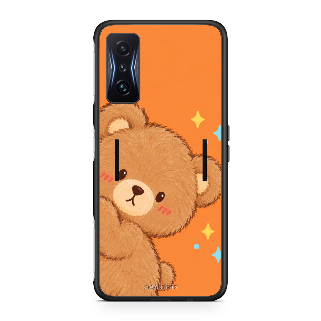 Θήκη Xiaomi Poco F4 GT Peekaboo Teddy on Orange από τη Smartfits με σχέδιο στο πίσω μέρος και μαύρο περίβλημα | Xiaomi Poco F4 GT Peekaboo Teddy on Orange case with colorful back and black bezels