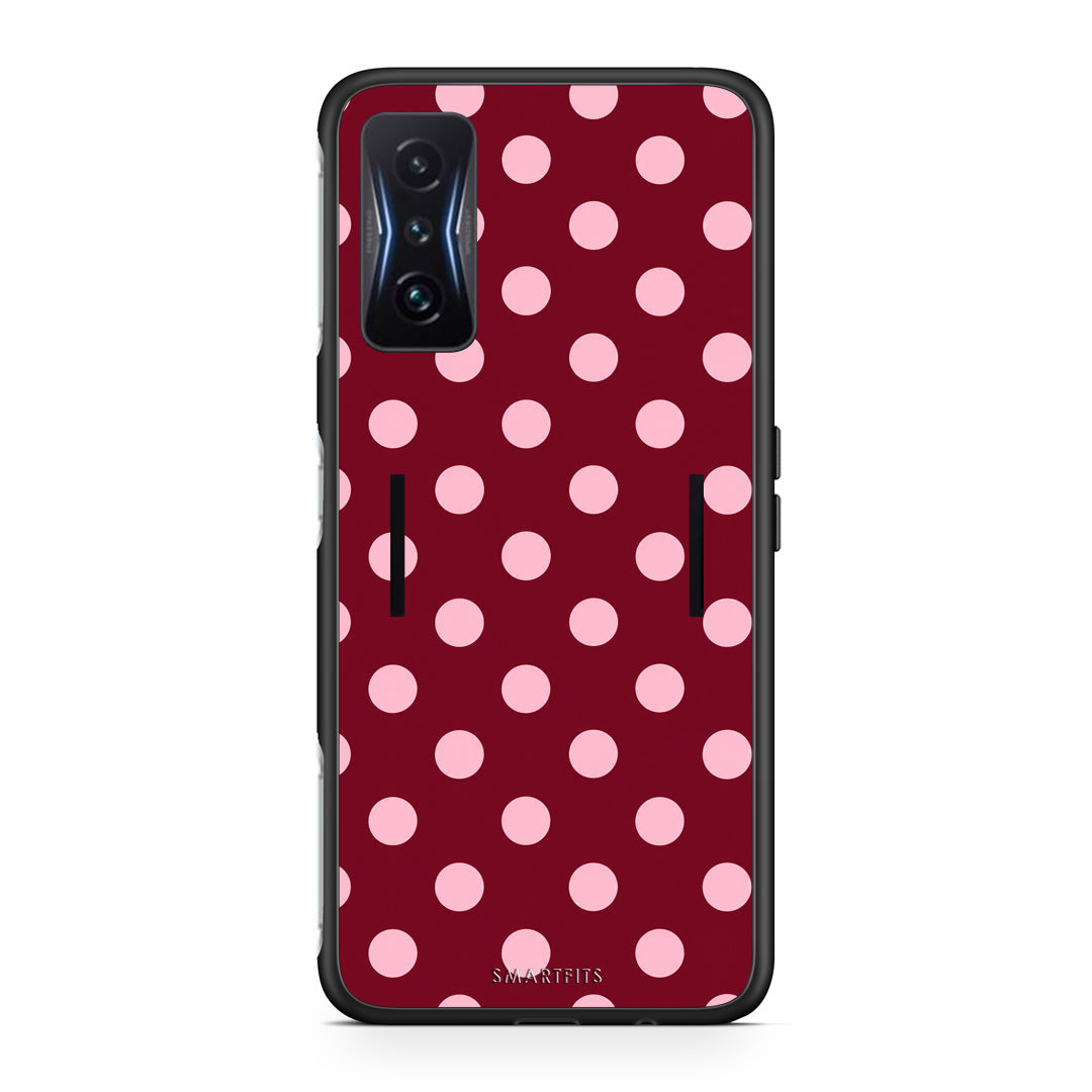 Θήκη Xiaomi Poco F4 GT Pink Polka Dots on Burgundy από τη Smartfits με σχέδιο στο πίσω μέρος και μαύρο περίβλημα | Xiaomi Poco F4 GT Pink Polka Dots on Burgundy case with colorful back and black bezels