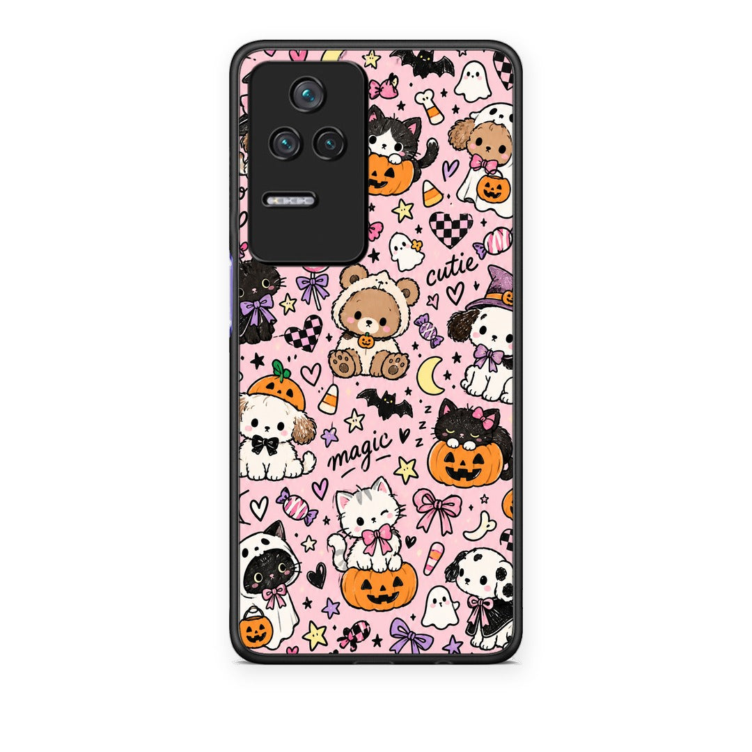 Θήκη Xiaomi Poco F4 / Redmi K40S Halloween Cute Animals on Pink από τη Smartfits με σχέδιο στο πίσω μέρος και μαύρο περίβλημα | Xiaomi Poco F4 / Redmi K40S Halloween Cute Animals on Pink case with colorful back and black bezels