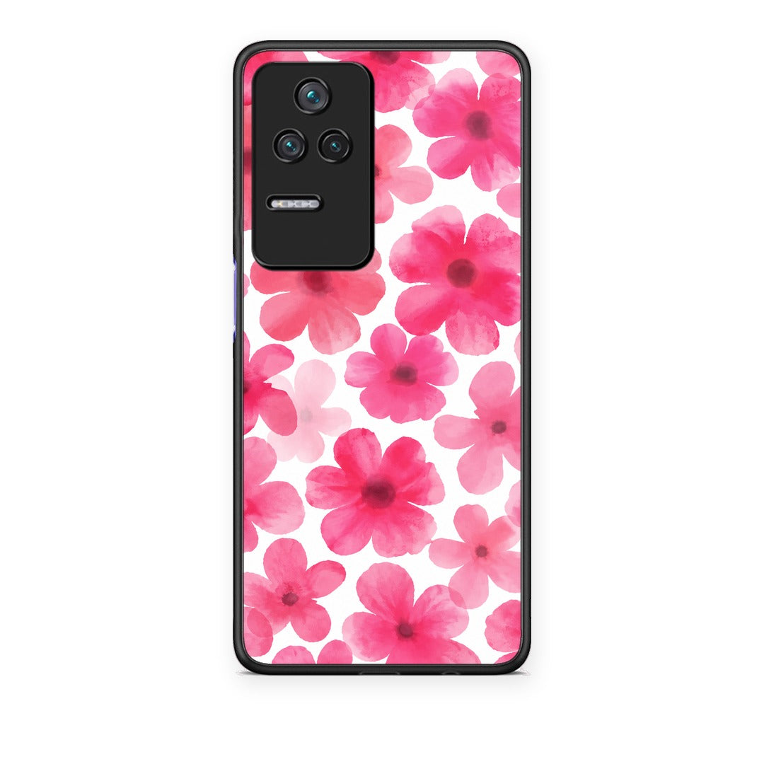 Θήκη Xiaomi Poco F4 / Redmi K40S Pink Watercolour Flowers on White από τη Smartfits με σχέδιο στο πίσω μέρος και μαύρο περίβλημα | Xiaomi Poco F4 / Redmi K40S Pink Watercolour Flowers on White case with colorful back and black bezels