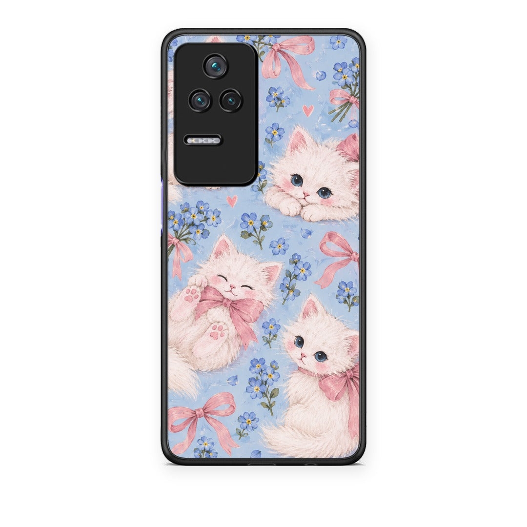 Θήκη Xiaomi Poco F4 / Redmi K40S White Kittens and Blue Flowers Large από τη Smartfits με σχέδιο στο πίσω μέρος και μαύρο περίβλημα | Xiaomi Poco F4 / Redmi K40S White Kittens and Blue Flowers Large case with colorful back and black bezels