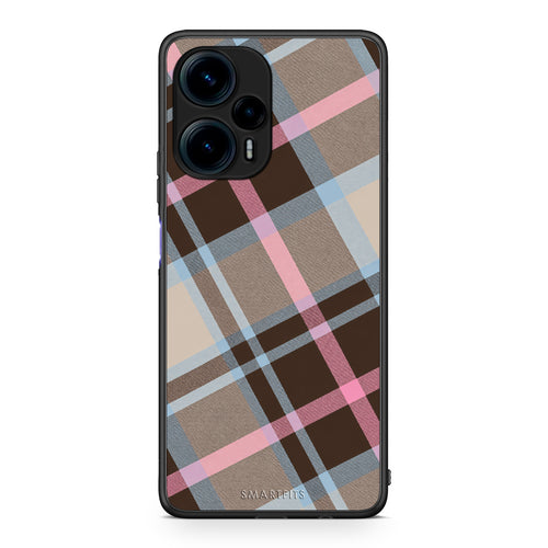 Θήκη Xiaomi Poco F5 5G Brown Pink and Blue Diagonal Plaid από τη Smartfits με σχέδιο στο πίσω μέρος και μαύρο περίβλημα | Xiaomi Poco F5 5G Brown Pink and Blue Diagonal Plaid case with colorful back and black bezels