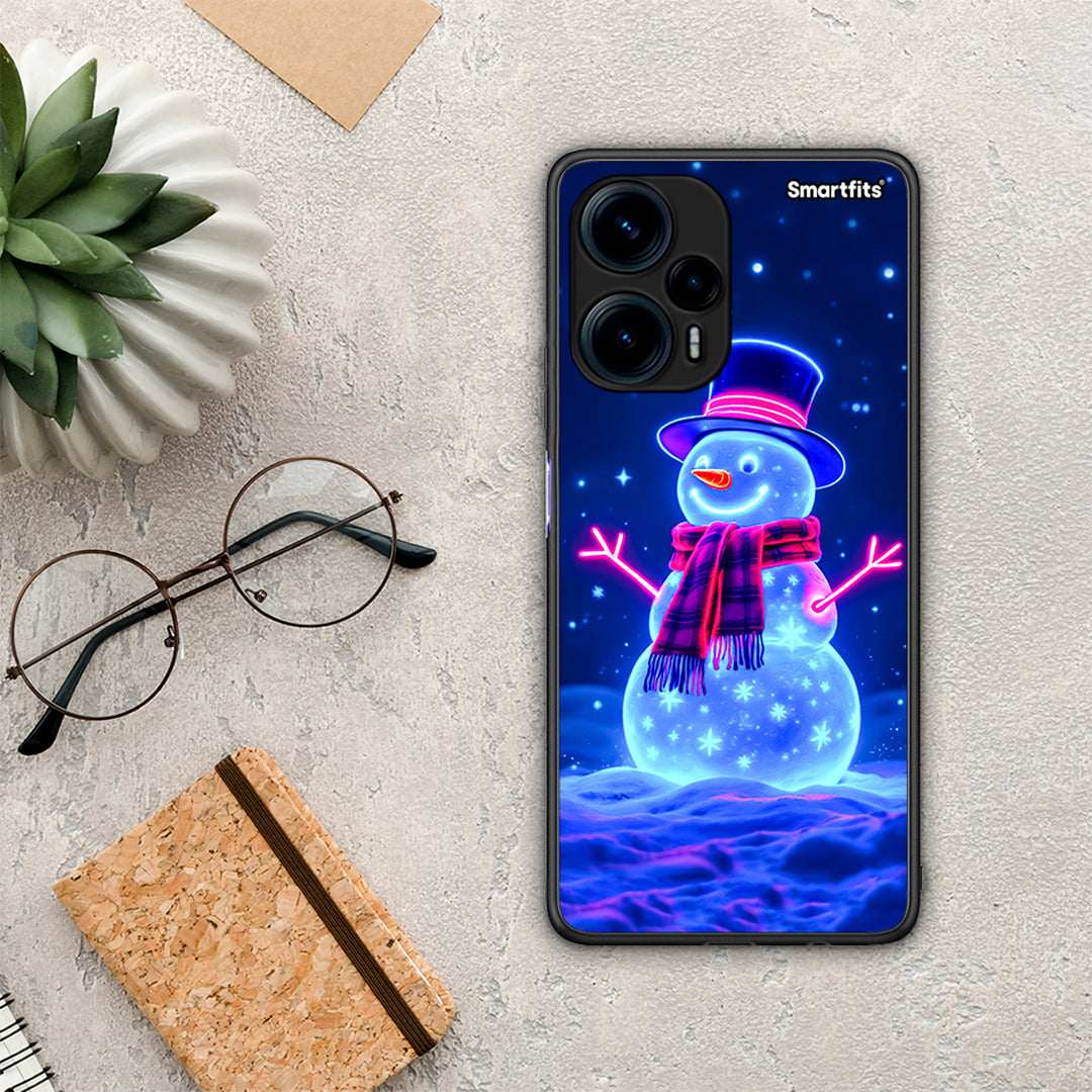 Θήκη Xiaomi Poco F5 5G Christmas Neon Snowman από τη Smartfits με σχέδιο στο πίσω μέρος και μαύρο περίβλημα | Xiaomi Poco F5 5G Christmas Neon Snowman Case with Colorful Back and Black Bezels