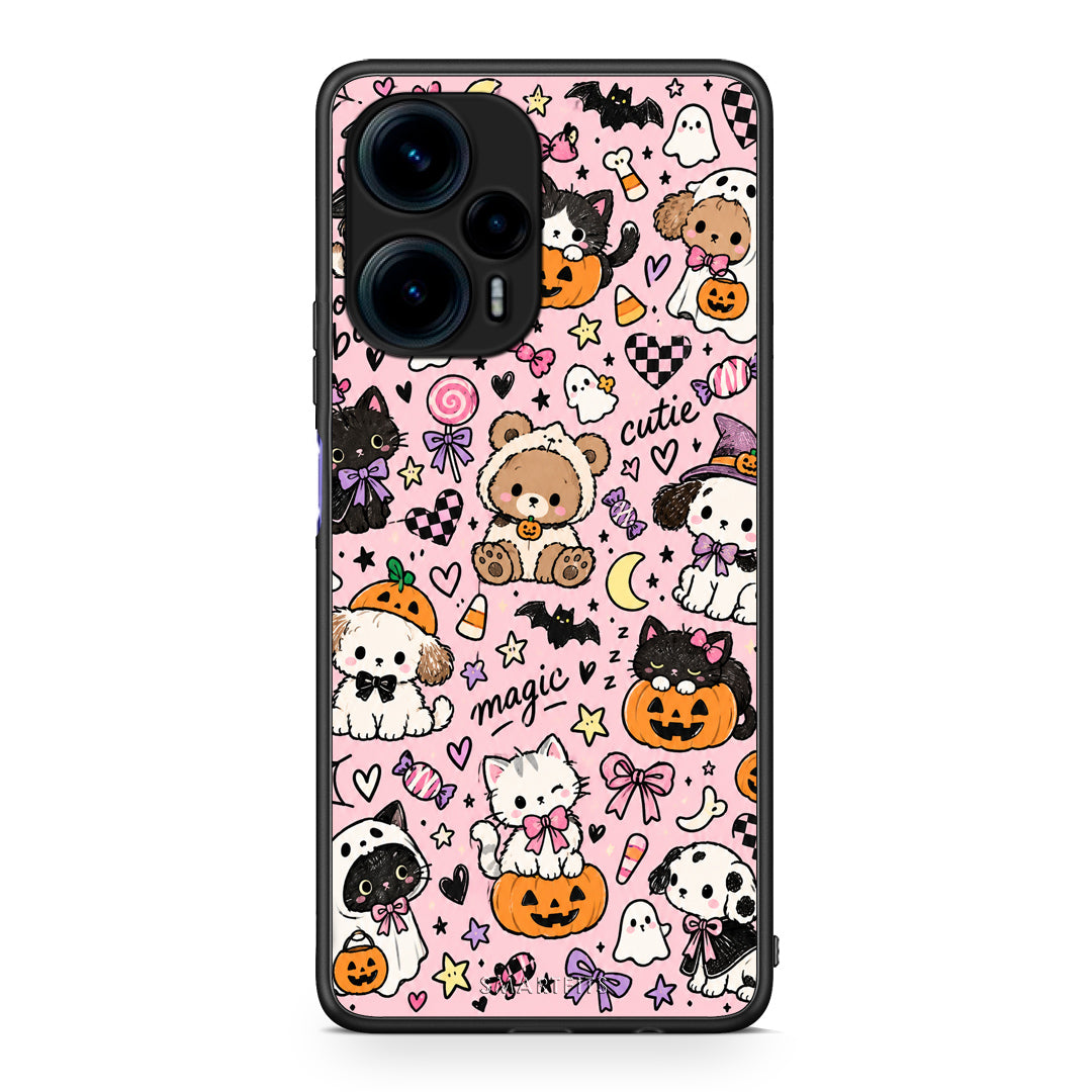 Θήκη Xiaomi Poco F5 5G Halloween Cute Animals on Pink από τη Smartfits με σχέδιο στο πίσω μέρος και μαύρο περίβλημα | Xiaomi Poco F5 5G Halloween Cute Animals on Pink case with colorful back and black bezels