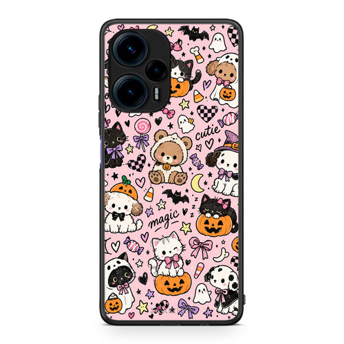 Θήκη Xiaomi Poco F5 5G Halloween Cute Animals on Pink από τη Smartfits με σχέδιο στο πίσω μέρος και μαύρο περίβλημα | Xiaomi Poco F5 5G Halloween Cute Animals on Pink case with colorful back and black bezels