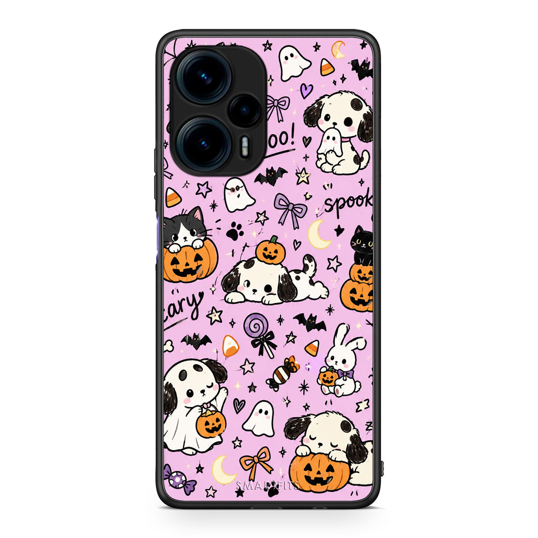 Θήκη Xiaomi Poco F5 5G Halloween Puppies and Friends on Lilac από τη Smartfits με σχέδιο στο πίσω μέρος και μαύρο περίβλημα | Xiaomi Poco F5 5G Halloween Puppies and Friends on Lilac case with colorful back and black bezels