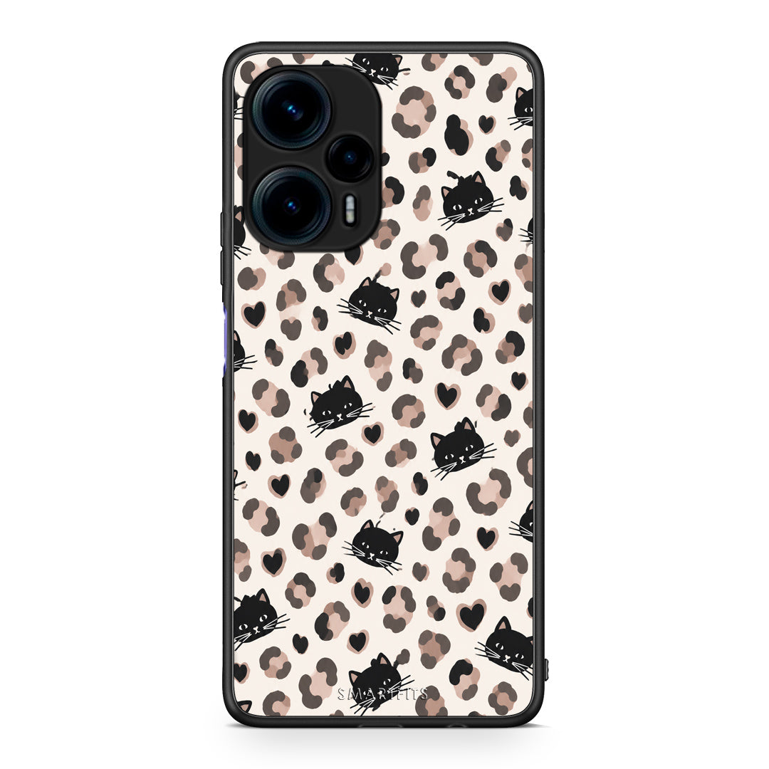 Θήκη Xiaomi Poco F5 5G Leopard Spots and Black Cats on Cream από τη Smartfits με σχέδιο στο πίσω μέρος και μαύρο περίβλημα | Xiaomi Poco F5 5G Leopard Spots and Black Cats on Cream case with colorful back and black bezels
