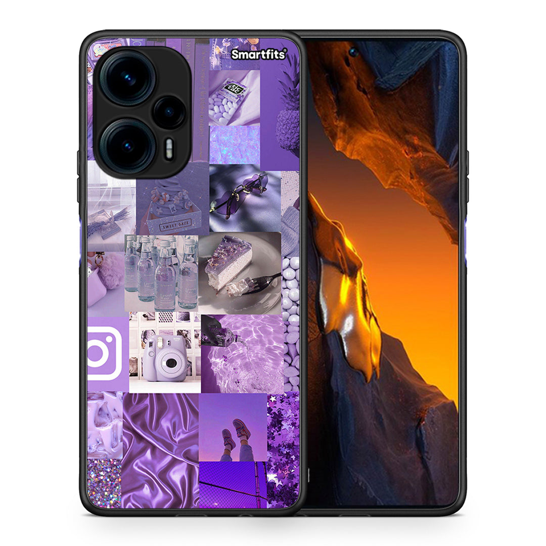 Θήκη Xiaomi Poco F5 5G Purple Aesthetic Collage από τη Smartfits με σχέδιο στο πίσω μέρος και μαύρο περίβλημα | Xiaomi Poco F5 5G Purple Aesthetic Collage Case with Colorful Back and Black Bezels