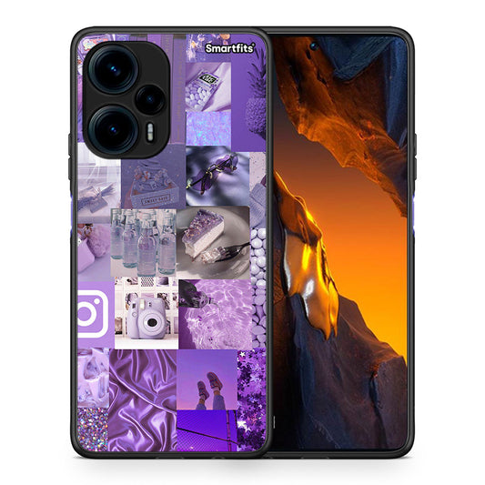 Θήκη Xiaomi Poco F5 5G Purple Aesthetic Collage από τη Smartfits με σχέδιο στο πίσω μέρος και μαύρο περίβλημα | Xiaomi Poco F5 5G Purple Aesthetic Collage Case with Colorful Back and Black Bezels