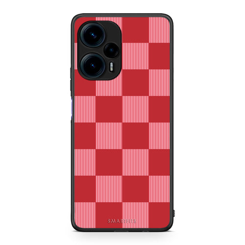 Θήκη Xiaomi Poco F5 5G Red and Pink Striped Checks από τη Smartfits με σχέδιο στο πίσω μέρος και μαύρο περίβλημα | Xiaomi Poco F5 5G Red and Pink Striped Checks case with colorful back and black bezels