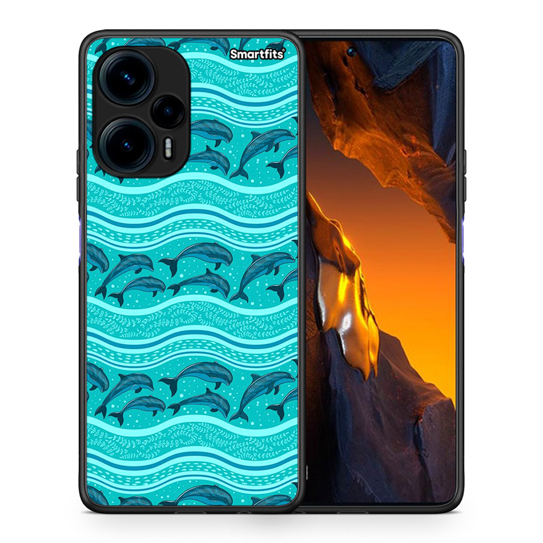 Θήκη Xiaomi Poco F5 5G Swimming Dolphins από τη Smartfits με σχέδιο στο πίσω μέρος και μαύρο περίβλημα | Xiaomi Poco F5 5G Swimming Dolphins Case with Colorful Back and Black Bezels