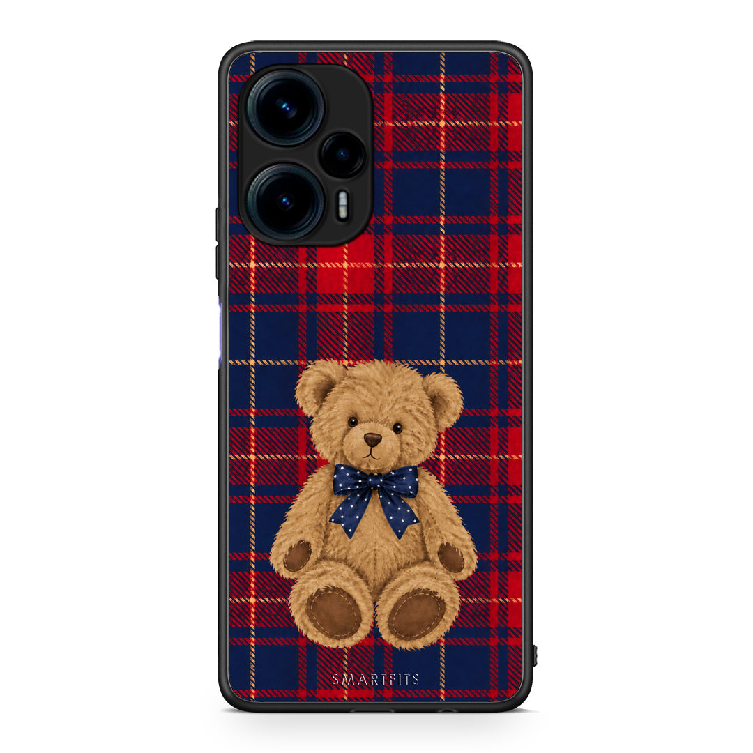 Θήκη Xiaomi Poco F5 5G Teddy Bear on Red and Navy Tartan από τη Smartfits με σχέδιο στο πίσω μέρος και μαύρο περίβλημα | Xiaomi Poco F5 5G Teddy Bear on Red and Navy Tartan case with colorful back and black bezels