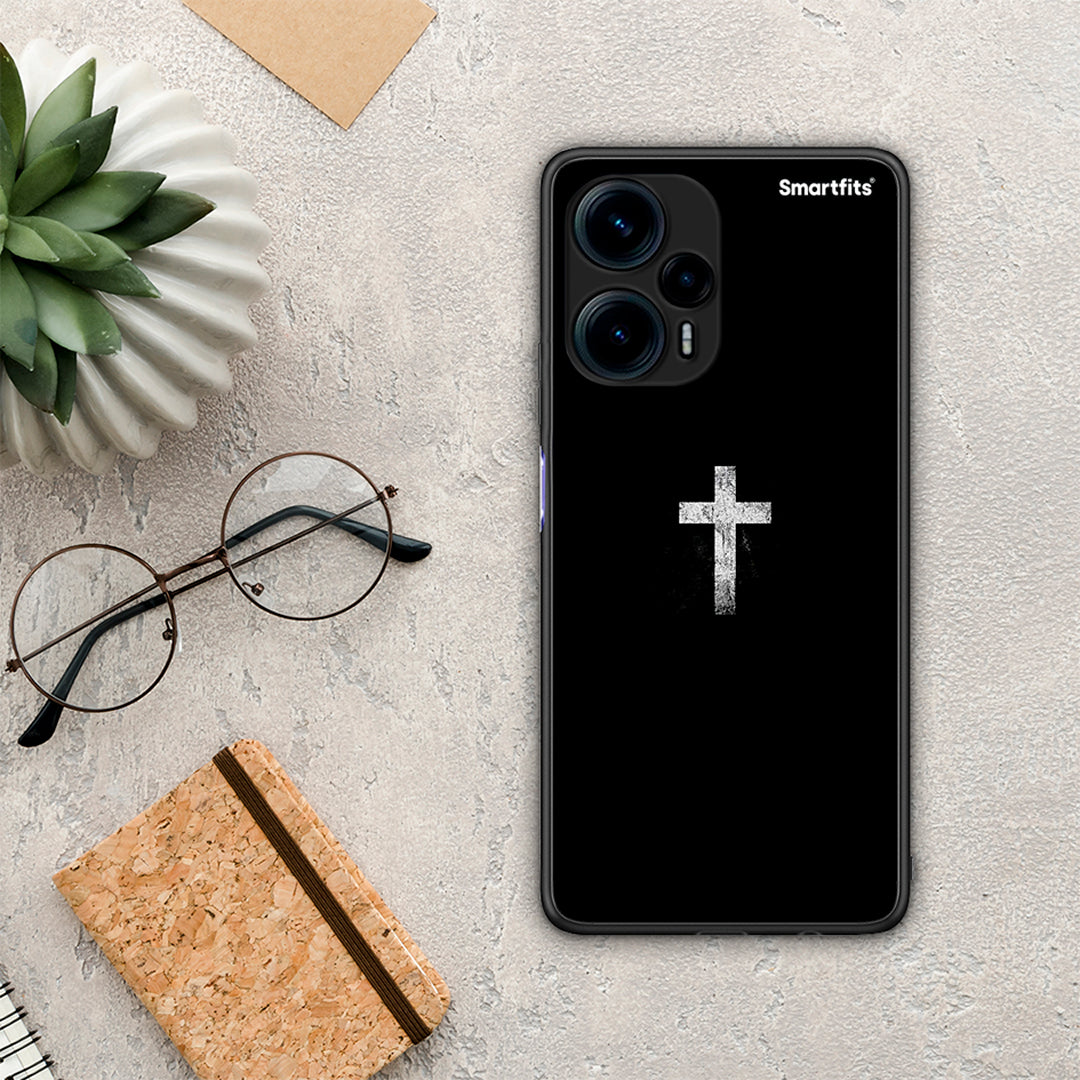 Θήκη Xiaomi Poco F5 5G White Cross από τη Smartfits με σχέδιο στο πίσω μέρος και μαύρο περίβλημα | Xiaomi Poco F5 5G White Cross Case with Colorful Back and Black Bezels