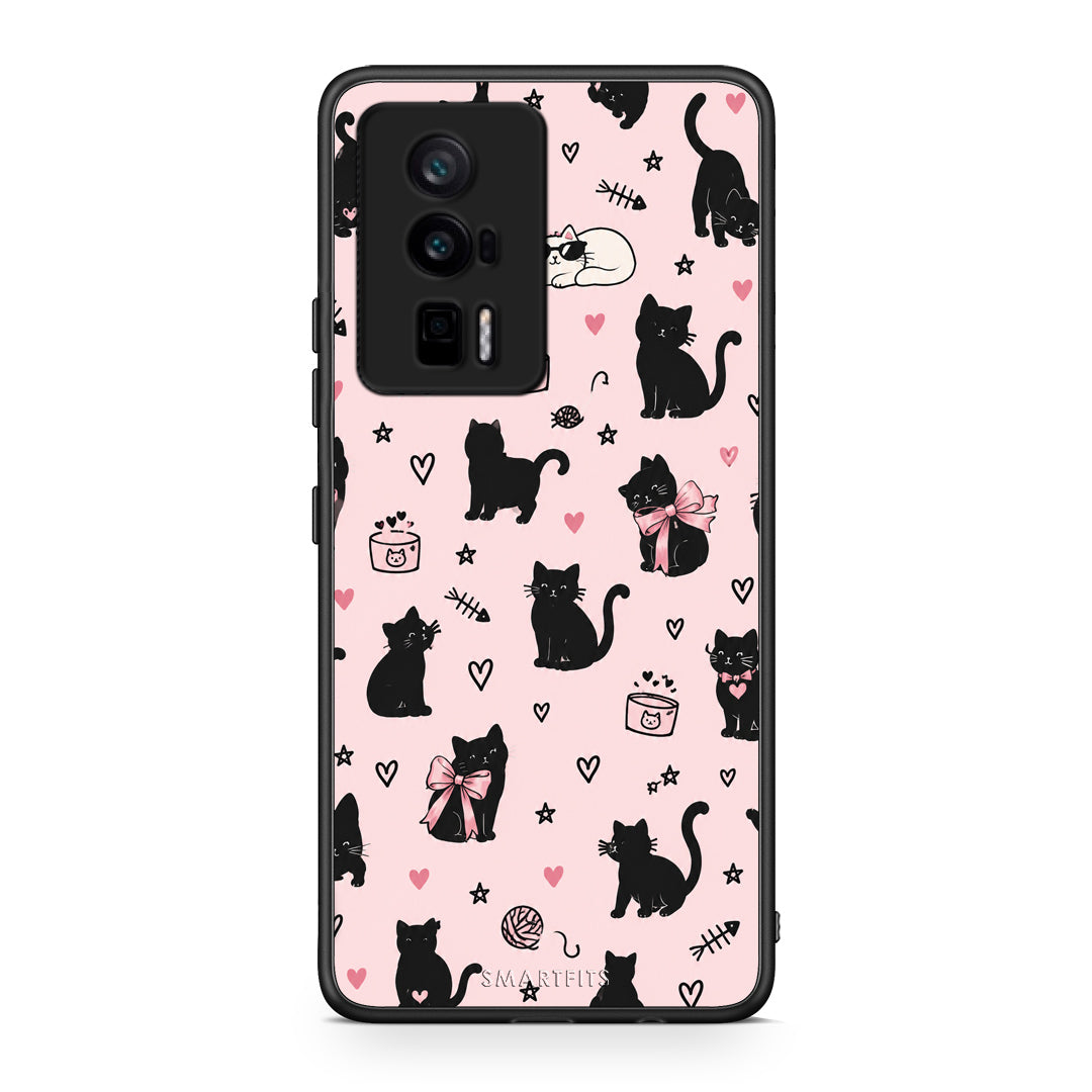 Θήκη Xiaomi Poco F5 Pro / Redmi K60 Pro Black Cat Doodles on Pink από τη Smartfits με σχέδιο στο πίσω μέρος και μαύρο περίβλημα | Xiaomi Poco F5 Pro / Redmi K60 Pro Black Cat Doodles on Pink case with colorful back and black bezels