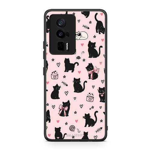 Θήκη Xiaomi Poco F5 Pro / Redmi K60 Pro Black Cat Doodles on Pink από τη Smartfits με σχέδιο στο πίσω μέρος και μαύρο περίβλημα | Xiaomi Poco F5 Pro / Redmi K60 Pro Black Cat Doodles on Pink case with colorful back and black bezels