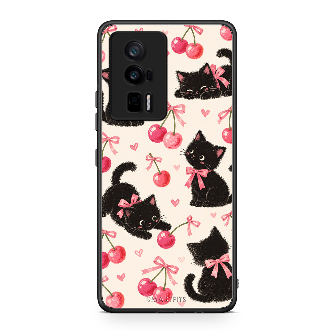 Θήκη Xiaomi Poco F5 Pro / Redmi K60 Pro Black Kittens and Cherries on Cream από τη Smartfits με σχέδιο στο πίσω μέρος και μαύρο περίβλημα | Xiaomi Poco F5 Pro / Redmi K60 Pro Black Kittens and Cherries on Cream case with colorful back and black bezels