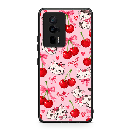 Θήκη Xiaomi Poco F5 Pro / Redmi K60 Pro Cherries Bows and Kittens on Pink από τη Smartfits με σχέδιο στο πίσω μέρος και μαύρο περίβλημα | Xiaomi Poco F5 Pro / Redmi K60 Pro Cherries Bows and Kittens on Pink case with colorful back and black bezels