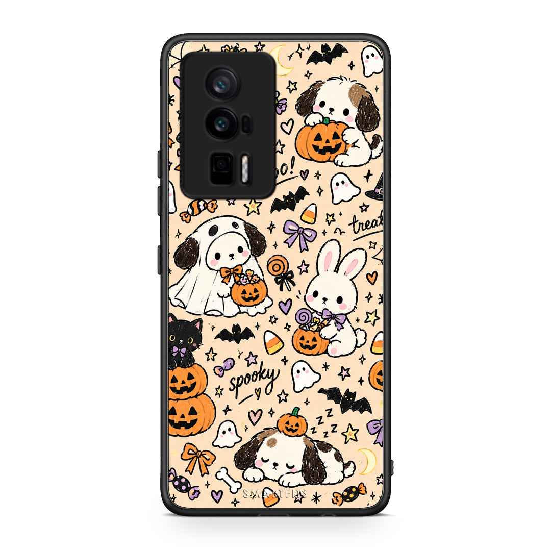 Θήκη Xiaomi Poco F5 Pro / Redmi K60 Pro Halloween Puppies and Friends on Cream από τη Smartfits με σχέδιο στο πίσω μέρος και μαύρο περίβλημα | Xiaomi Poco F5 Pro / Redmi K60 Pro Halloween Puppies and Friends on Cream case with colorful back and black bezels