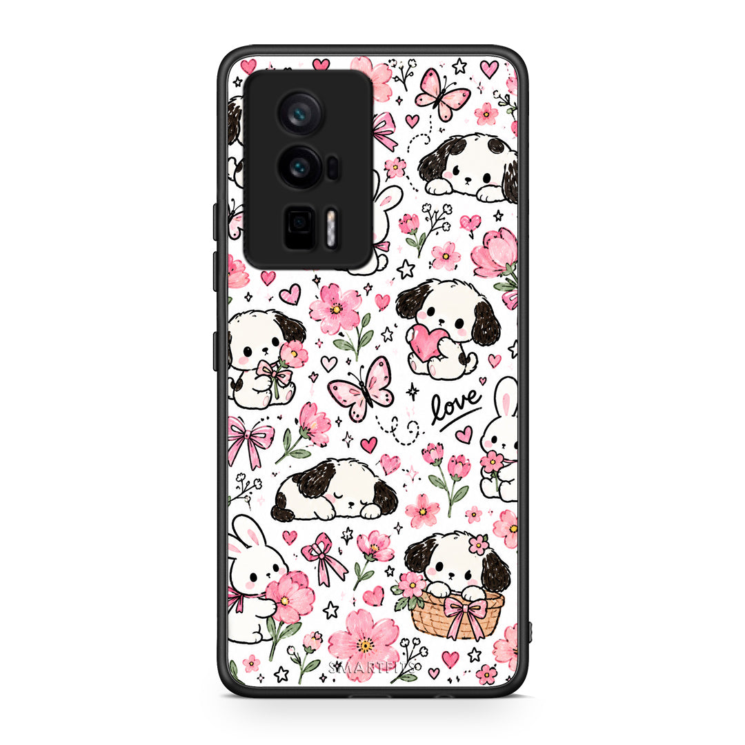 Θήκη Xiaomi Poco F5 Pro / Redmi K60 Pro Pink Florals Puppies and Bunnies on White από τη Smartfits με σχέδιο στο πίσω μέρος και μαύρο περίβλημα | Xiaomi Poco F5 Pro / Redmi K60 Pro Pink Florals Puppies and Bunnies on White case with colorful back and black bezels